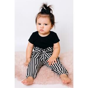 Chic Striped Paperbag Waist Bow Pants Black White Kids Size 6